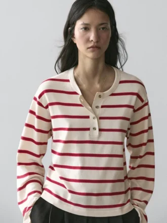 Gestreifter Henley-Pullover aus Baumwollstrick