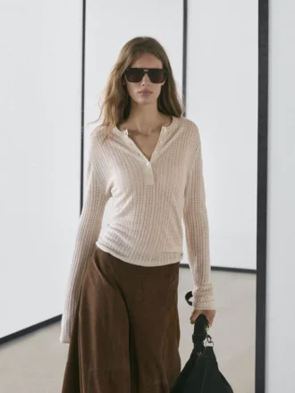 Henley-Pullover aus Wollmischung mit Cutwork-Verzierung