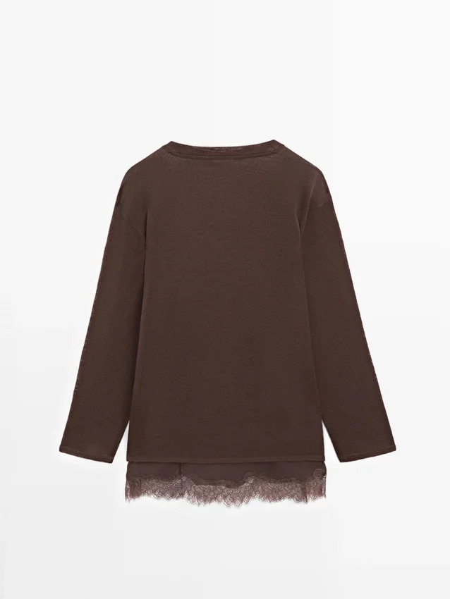 Langarm-T-Shirt mit Spitzendetail Langarm-T-Shirt mit Spitzendetail