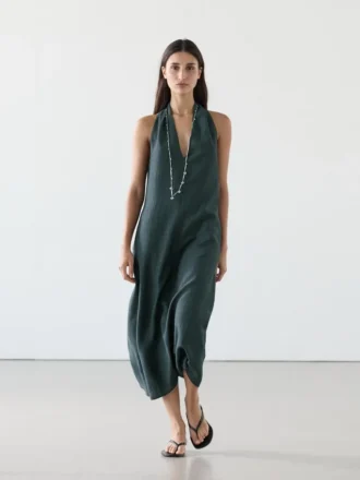 Midi-Kleid aus Leinenmischung mit V-Ausschnitt Midi-Kleid aus Leinenmischung mit V-Ausschnitt