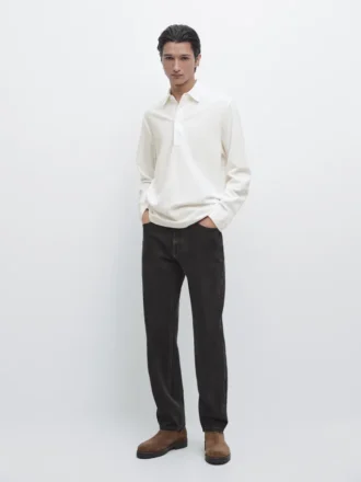 Piqué-Poloshirt mit langen Ärmeln und Knopfleiste
