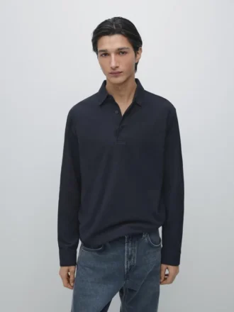 Strukturiertes Piqué-Poloshirt mit langen Ärmeln